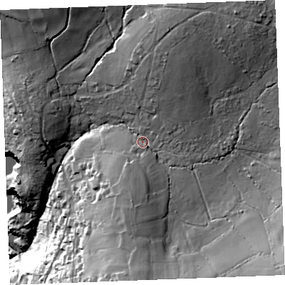 Shaded relief map of the ground around PL304LY, computed from Environment Agency LiDAR. The ground here sits at about 195 m above sea level and falls 87 m across the surrounding 800 m. Surface water reaching this point runs off ground lying to the south-east, 26.8 m higher.
