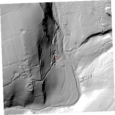 Shaded relief map of the ground around PL304LZ, computed from Environment Agency LiDAR. The ground here sits at about 82 m above sea level and falls 79 m across the surrounding 800 m. Surface water reaching this point runs off ground lying to the west-north-west, 68.5 m higher.