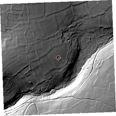 Shaded relief map of the ground around PL304PG, computed from Environment Agency LiDAR. The ground here sits at about 195 m above sea level and falls 79 m across the surrounding 800 m. Surface water reaching this point runs off ground lying to the north-north-west, 7.7 m higher.