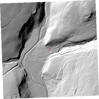 Shaded relief map of the ground around PL304PQ, computed from Environment Agency LiDAR. The ground here sits at about 105 m above sea level and falls 114 m across the surrounding 800 m. Surface water reaching this point runs off ground lying to the north-east, 90.1 m higher.