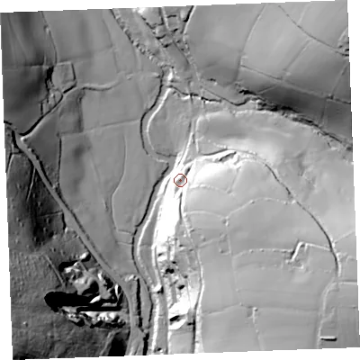 Shaded relief map of the ground around PL304QF, computed from Environment Agency LiDAR. The ground here sits at about 67 m above sea level and falls 68 m across the surrounding 800 m. Surface water reaching this point runs off ground lying to the south-east, 28.1 m higher.