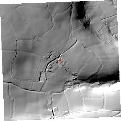Shaded relief map of the ground around PL304QQ, computed from Environment Agency LiDAR. The ground here sits at about 114 m above sea level and falls 90 m across the surrounding 800 m. Surface water reaching this point runs off ground lying to the north-west, 36.2 m higher.