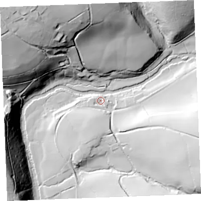 Shaded relief map of the ground around PL304QR, computed from Environment Agency LiDAR. The ground here sits at about 41 m above sea level and falls 73 m across the surrounding 800 m. Surface water reaching this point runs off ground lying to the south, 14.5 m higher.