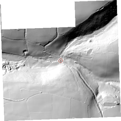 Shaded relief map of the ground around PL304QW, computed from Environment Agency LiDAR. The ground here sits at about 63 m above sea level and falls 92 m across the surrounding 800 m. Surface water reaching this point runs off ground lying to the south, 81.6 m higher.