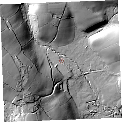 Shaded relief map of the ground around PL305BU, computed from Environment Agency LiDAR. The ground here sits at about 109 m above sea level and falls 68 m across the surrounding 800 m. Surface water reaching this point runs off ground lying to the west-south-west, 47.5 m higher.
