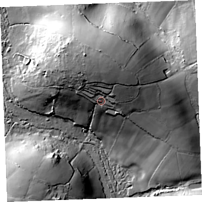 Shaded relief map of the ground around PL305DL, computed from Environment Agency LiDAR. The ground here sits at about 149 m above sea level and falls 51 m across the surrounding 800 m. Surface water reaching this point runs off ground lying to the north, 22.4 m higher.