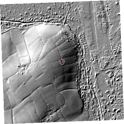Shaded relief map of the ground around PL305DU, computed from Environment Agency LiDAR. The ground here sits at about 141 m above sea level and falls 22 m across the surrounding 800 m. Surface water reaching this point runs off ground lying to the west-south-west, 8.8 m higher.