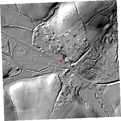 Shaded relief map of the ground around PL305EF, computed from Environment Agency LiDAR. The ground here sits at about 111 m above sea level and falls 32 m across the surrounding 800 m. Surface water reaching this point runs off ground lying to the north-north-east, 24.9 m higher.