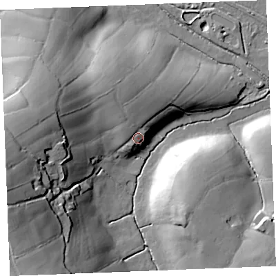 Shaded relief map of the ground around PL305EJ, computed from Environment Agency LiDAR. The ground here sits at about 121 m above sea level and falls 47 m across the surrounding 800 m. Surface water reaching this point runs off ground lying to the north-north-west, 8.2 m higher.