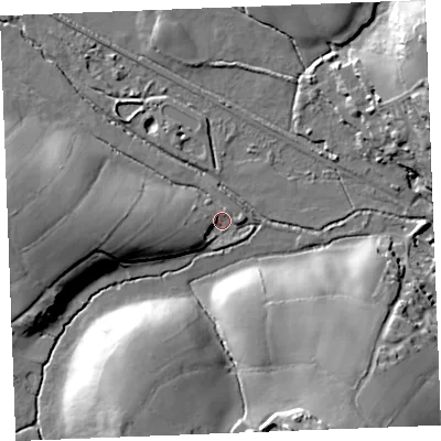 Shaded relief map of the ground around PL305EN, computed from Environment Agency LiDAR. The ground here sits at about 111 m above sea level and falls 26 m across the surrounding 800 m. Surface water reaching this point runs off ground lying to the west, 18.7 m higher.