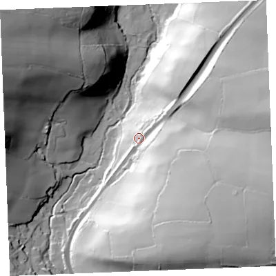 Shaded relief map of the ground around PL305ES, computed from Environment Agency LiDAR. The ground here sits at about 72 m above sea level and falls 81 m across the surrounding 800 m. Surface water reaching this point runs off ground lying to the east-south-east, 49.4 m higher.