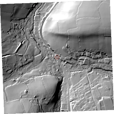 Shaded relief map of the ground around PL305ET, computed from Environment Agency LiDAR. The ground here sits at about 73 m above sea level and falls 68 m across the surrounding 800 m. Surface water reaching this point runs off ground lying to the east-north-east, 52.0 m higher.