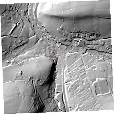 Shaded relief map of the ground around PL305EU, computed from Environment Agency LiDAR. The ground here sits at about 74 m above sea level and falls 78 m across the surrounding 800 m. Surface water reaching this point runs off ground lying to the south-west, 68.7 m higher.