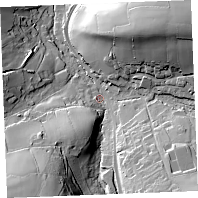 Shaded relief map of the ground around PL305EX, computed from Environment Agency LiDAR. The ground here sits at about 73 m above sea level and falls 77 m across the surrounding 800 m. Surface water reaching this point runs off ground lying to the south-west, 65.9 m higher.