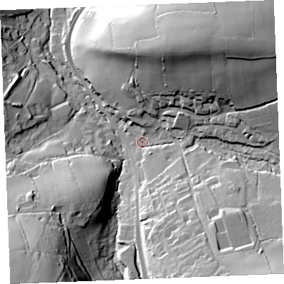 Shaded relief map of the ground around PL305EZ, computed from Environment Agency LiDAR. The ground here sits at about 74 m above sea level and falls 74 m across the surrounding 800 m. Surface water reaching this point runs off ground lying to the south-east, 38.5 m higher.