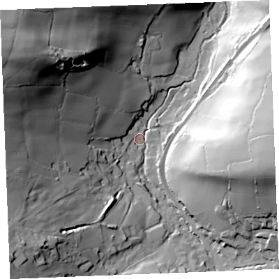 Shaded relief map of the ground around PL305HB, computed from Environment Agency LiDAR. The ground here sits at about 63 m above sea level and falls 82 m across the surrounding 800 m. Surface water reaching this point runs off ground lying to the west-north-west, 72.9 m higher.