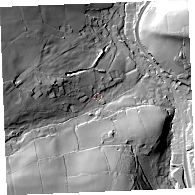 Shaded relief map of the ground around PL305HD, computed from Environment Agency LiDAR. The ground here sits at about 84 m above sea level and falls 86 m across the surrounding 800 m. Surface water reaching this point runs off ground lying to the west, 40.4 m higher.