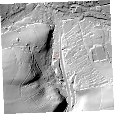 Shaded relief map of the ground around PL305HF, computed from Environment Agency LiDAR. The ground here sits at about 83 m above sea level and falls 75 m across the surrounding 800 m. Surface water reaching this point runs off ground lying to the south, 8.8 m higher.