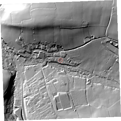 Shaded relief map of the ground around PL305HJ, computed from Environment Agency LiDAR. The ground here sits at about 86 m above sea level and falls 64 m across the surrounding 800 m. Surface water reaching this point runs off ground lying to the north-north-east, 6.1 m higher.