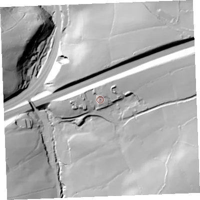 Shaded relief map of the ground around PL305JD, computed from Environment Agency LiDAR. The ground here sits at about 132 m above sea level and falls 78 m across the surrounding 800 m. Surface water reaching this point runs off ground lying to the north-east, 8.2 m higher.