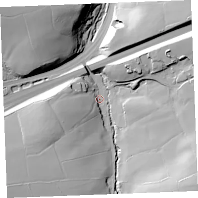 Shaded relief map of the ground around PL305JE, computed from Environment Agency LiDAR. The ground here sits at about 107 m above sea level and falls 63 m across the surrounding 800 m. Surface water reaching this point runs off ground lying to the south-east, 52.2 m higher.