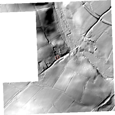 Shaded relief map of the ground around PL305JL, computed from Environment Agency LiDAR. The ground here sits at about 39 m above sea level and falls 52 m across the surrounding 800 m. Surface water reaching this point runs off ground lying to the west, 22.5 m higher.