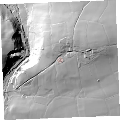 Shaded relief map of the ground around PL305JT, computed from Environment Agency LiDAR. The ground here sits at about 125 m above sea level and falls 82 m across the surrounding 800 m. Surface water reaching this point runs off ground lying to the east-north-east, 21.7 m higher.