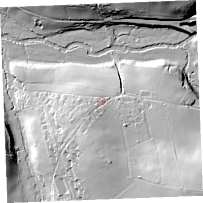 Shaded relief map of the ground around PL305LB, computed from Environment Agency LiDAR. The ground here sits at about 34 m above sea level and falls 49 m across the surrounding 800 m. Surface water reaching this point runs off ground lying to the south-south-west, 9.1 m higher.