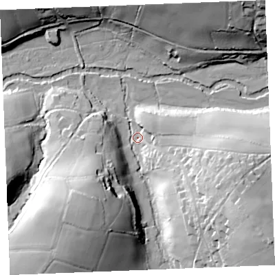 Shaded relief map of the ground around PL305LF, computed from Environment Agency LiDAR. The ground here sits at about 13 m above sea level and falls 39 m across the surrounding 800 m. Surface water reaching this point runs off ground lying to the south-east, 34.5 m higher.