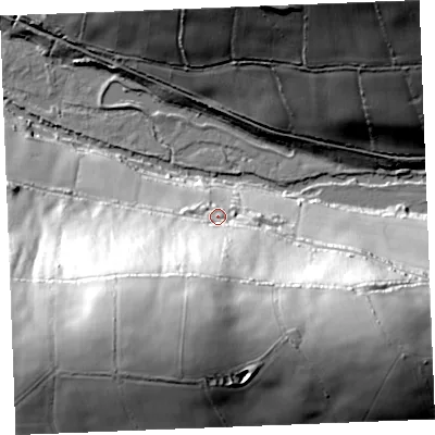 Shaded relief map of the ground around PL305LQ, computed from Environment Agency LiDAR. The ground here sits at about 22 m above sea level and falls 85 m across the surrounding 800 m. Surface water reaching this point runs off ground lying to the south, 54.1 m higher.
