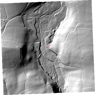 Shaded relief map of the ground around PL305LS, computed from Environment Agency LiDAR. The ground here sits at about 57 m above sea level and falls 92 m across the surrounding 800 m. Surface water reaching this point runs off ground lying to the east-south-east, 50.2 m higher.