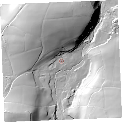 Shaded relief map of the ground around PL305LT, computed from Environment Agency LiDAR. The ground here sits at about 44 m above sea level and falls 84 m across the surrounding 800 m. Surface water reaching this point runs off ground lying to the north, 34.4 m higher.