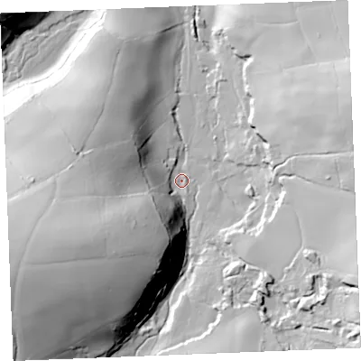 Shaded relief map of the ground around PL305LU, computed from Environment Agency LiDAR. The ground here sits at about 25 m above sea level and falls 62 m across the surrounding 800 m. Surface water reaching this point runs off ground lying to the west-south-west, 53.7 m higher.