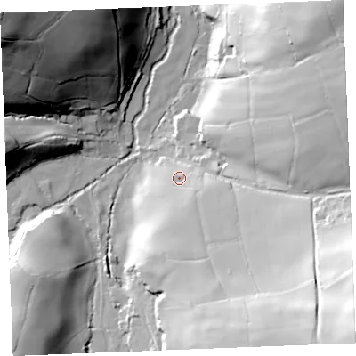 Shaded relief map of the ground around PL305LY, computed from Environment Agency LiDAR. The ground here sits at about 25 m above sea level and falls 77 m across the surrounding 800 m. Surface water reaching this point runs off ground lying to the south-south-east, 12.1 m higher.