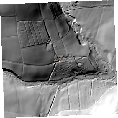 Shaded relief map of the ground around PL305PH, computed from Environment Agency LiDAR. The ground here sits at about 74 m above sea level and falls 94 m across the surrounding 800 m. Surface water reaching this point runs off ground lying to the north-west, 65.8 m higher.
