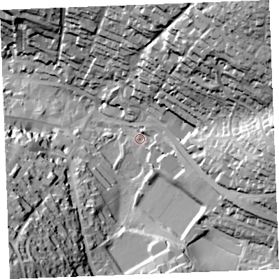 Shaded relief map of the ground around PL312AE, computed from Environment Agency LiDAR. The ground here sits at about 88 m above sea level and falls 80 m across the surrounding 800 m. Surface water reaching this point runs off ground lying to the east, 39.2 m higher.