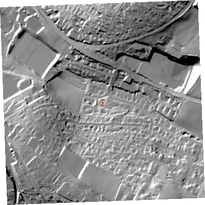 Shaded relief map of the ground around PL312BZ, computed from Environment Agency LiDAR. The ground here sits at about 103 m above sea level and falls 67 m across the surrounding 800 m. Surface water reaching this point runs off ground lying to the north-east, 52.3 m higher.