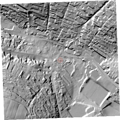 Shaded relief map of the ground around PL312DH, computed from Environment Agency LiDAR. The ground here sits at about 84 m above sea level and falls 86 m across the surrounding 800 m. Surface water reaching this point runs off ground lying to the south-south-west, 62.3 m higher.
