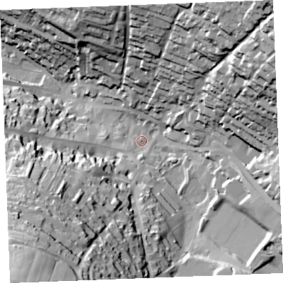 Shaded relief map of the ground around PL312DL, computed from Environment Agency LiDAR. The ground here sits at about 82 m above sea level and falls 85 m across the surrounding 800 m. Surface water reaching this point runs off ground lying to the south-west, 57.8 m higher.