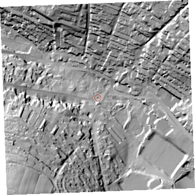 Shaded relief map of the ground around PL312DN, computed from Environment Agency LiDAR. The ground here sits at about 82 m above sea level and falls 86 m across the surrounding 800 m. Surface water reaching this point runs off ground lying to the south-west, 57.6 m higher.