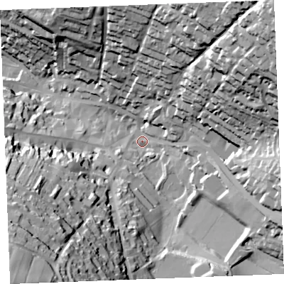 Shaded relief map of the ground around PL312DP, computed from Environment Agency LiDAR. The ground here sits at about 83 m above sea level and falls 84 m across the surrounding 800 m. Surface water reaching this point runs off ground lying to the south-south-west, 46.4 m higher.