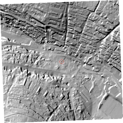 Shaded relief map of the ground around PL312JE, computed from Environment Agency LiDAR. The ground here sits at about 80 m above sea level and falls 81 m across the surrounding 800 m. Surface water reaching this point runs off ground lying to the south-south-west, 70.2 m higher.