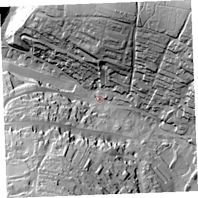 Shaded relief map of the ground around PL312LJ, computed from Environment Agency LiDAR. The ground here sits at about 77 m above sea level and falls 73 m across the surrounding 800 m. Surface water reaching this point runs off ground lying to the south-south-west, 63.8 m higher.