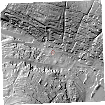 Shaded relief map of the ground around PL312LL, computed from Environment Agency LiDAR. The ground here sits at about 79 m above sea level and falls 79 m across the surrounding 800 m. Surface water reaching this point runs off ground lying to the south-south-west, 66.3 m higher.
