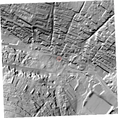 Shaded relief map of the ground around PL312LW, computed from Environment Agency LiDAR. The ground here sits at about 83 m above sea level and falls 78 m across the surrounding 800 m. Surface water reaching this point runs off ground lying to the south-west, 66.9 m higher.