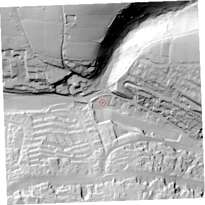 Shaded relief map of the ground around PL312NR, computed from Environment Agency LiDAR. The ground here sits at about 67 m above sea level and falls 63 m across the surrounding 800 m. Surface water reaching this point runs off ground lying to the east-north-east, 51.0 m higher.