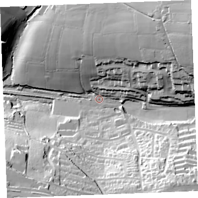 Shaded relief map of the ground around PL312PL, computed from Environment Agency LiDAR. The ground here sits at about 54 m above sea level and falls 66 m across the surrounding 800 m. Surface water reaching this point runs off ground lying to the north-east, 54.3 m higher.