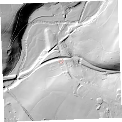 Shaded relief map of the ground around PL312RD, computed from Environment Agency LiDAR. The ground here sits at about 36 m above sea level and falls 78 m across the surrounding 800 m. Surface water reaching this point runs off ground lying to the south-east, 45.3 m higher.