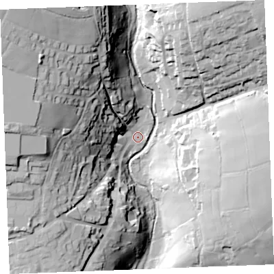 Shaded relief map of the ground around PL329PA, computed from Environment Agency LiDAR. The ground here sits at about 184 m above sea level and falls 62 m across the surrounding 800 m. Surface water reaching this point runs off ground lying to the north-west, 52.9 m higher.
