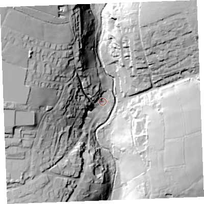 Shaded relief map of the ground around PL329PB, computed from Environment Agency LiDAR. The ground here sits at about 184 m above sea level and falls 62 m across the surrounding 800 m. Surface water reaching this point runs off ground lying to the west-north-west, 52.9 m higher.